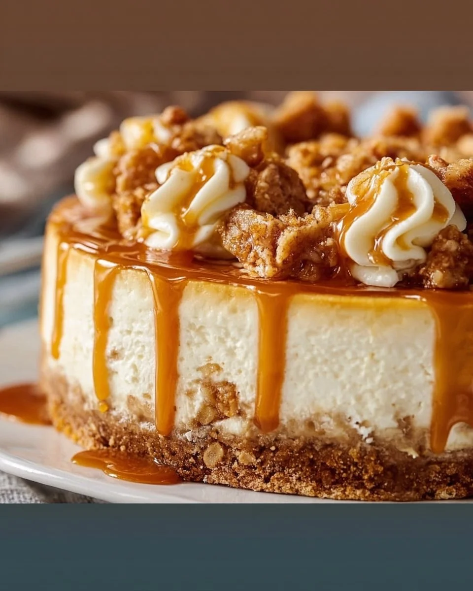 Delicious Caramel Crunch Apple Crisp Cheesecake topped with crispy apple topping