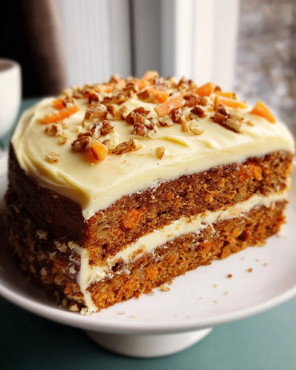 Delicious carrot cake layer cake decorated with cream cheese frosting