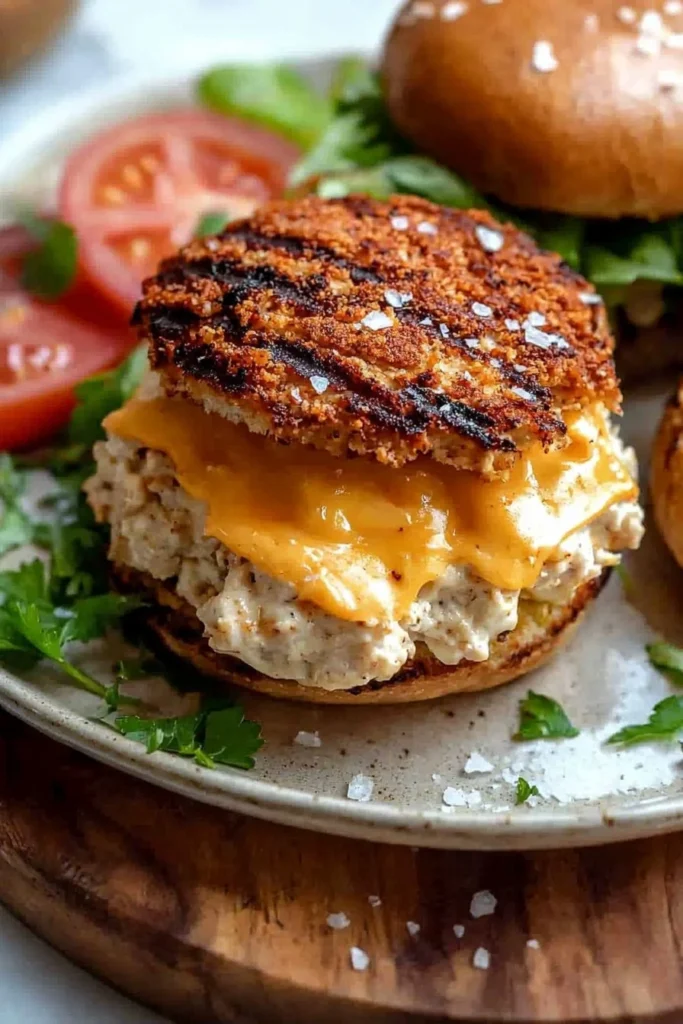 Delicious Cheddar Ranch Chicken Burgers served with fresh toppings
