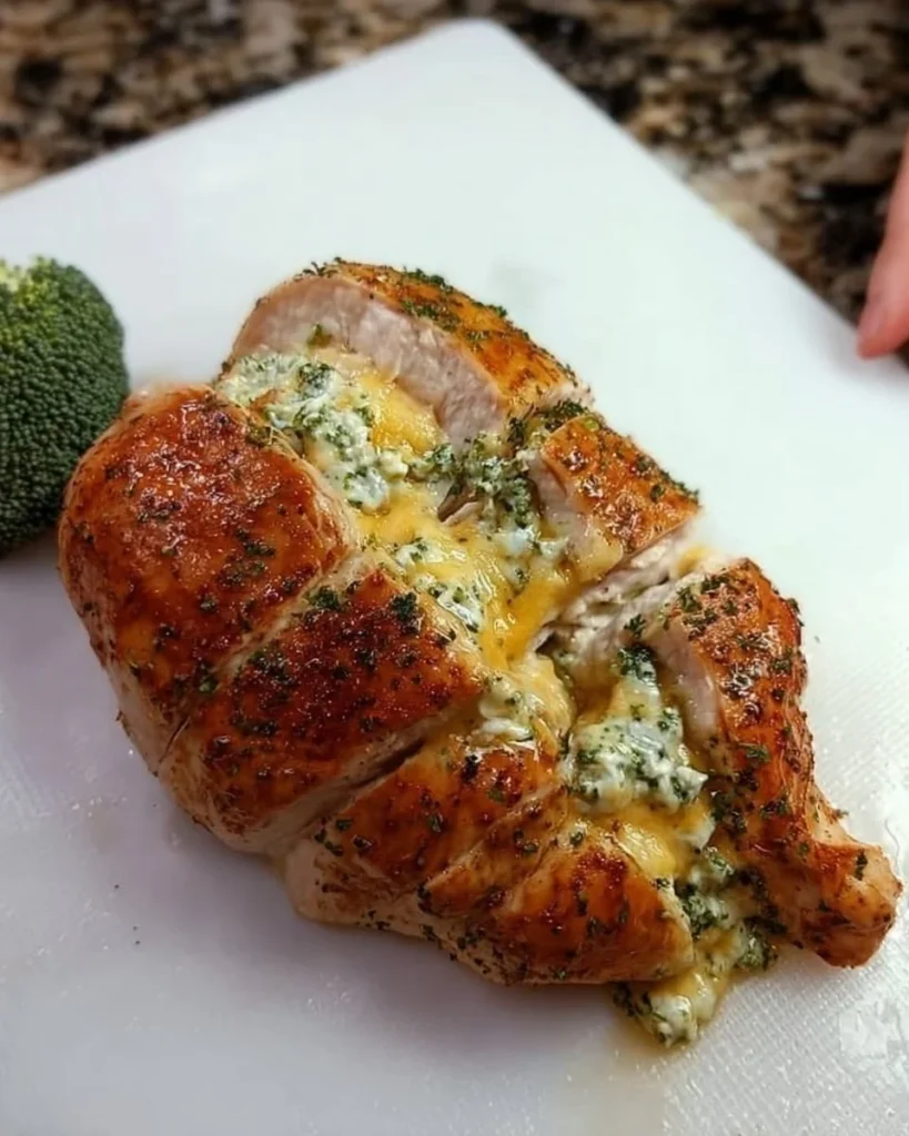 Cheesy broccoli stuffed chicken breast garnished with herbs on a plate.