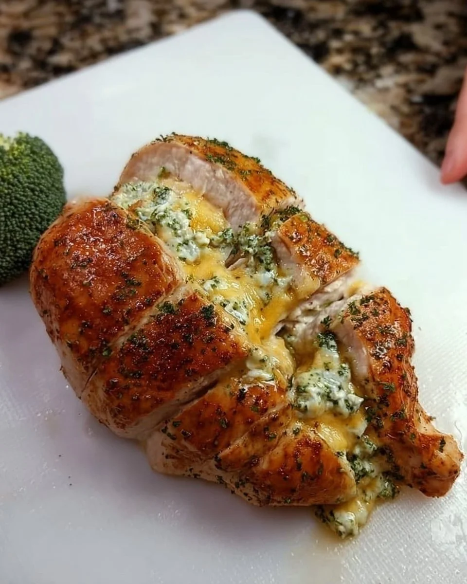 Cheesy broccoli stuffed chicken breast garnished with herbs on a plate.