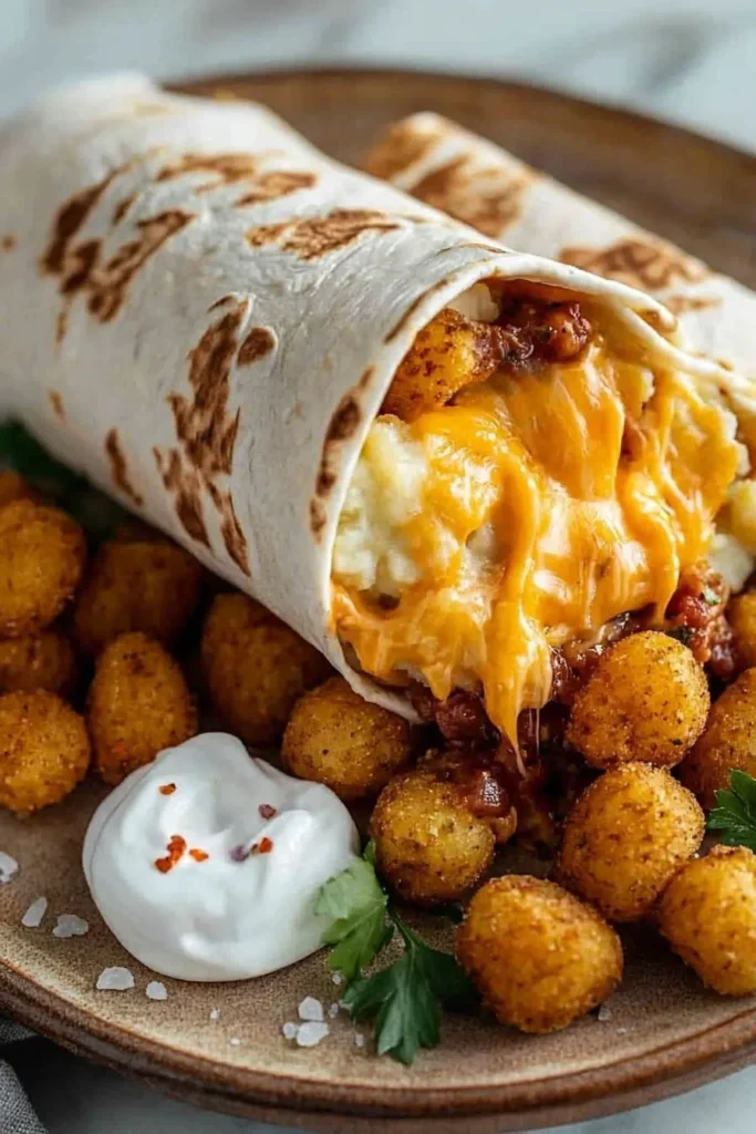 Cheesy potato burritos filled with crispy tater tots on a plate