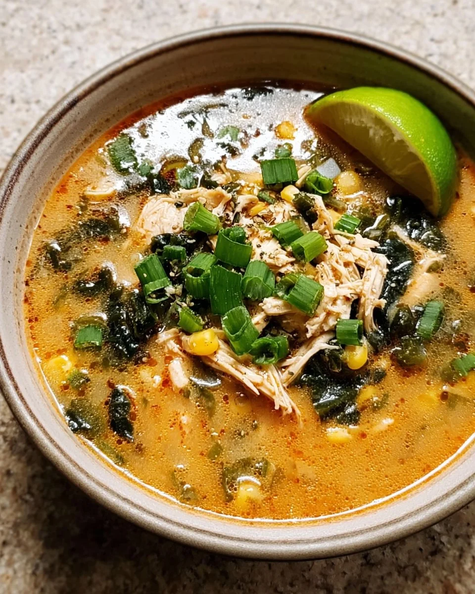 A bowl of Chicken Poblano Soup topped with fresh herbs and crispy tortilla strips.
