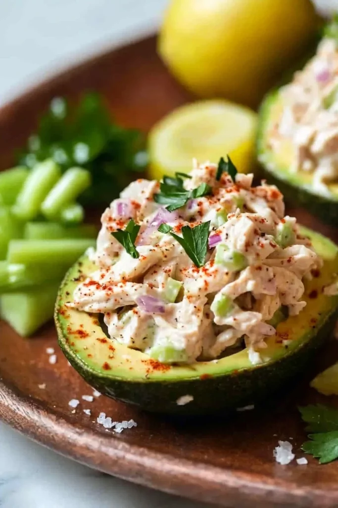 Delicious chicken salad stuffed in ripe avocado halves for a healthy meal.