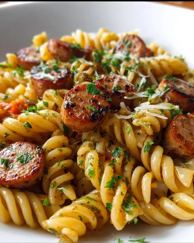 Delicious chicken sausage pasta dish served with fresh herbs and vegetables