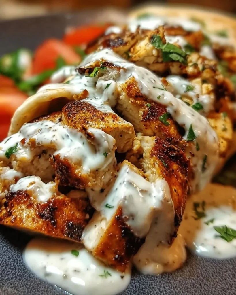 Delicious Chicken Shawarma drizzled with creamy garlic sauce on a plate