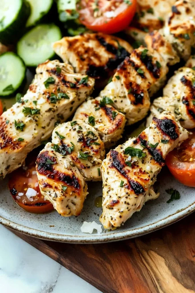 Grilled Chicken Souvlaki skewers with fresh vegetables and tzatziki sauce
