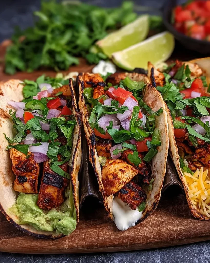 Delicious chicken tacos served with fresh toppings on a colorful plate