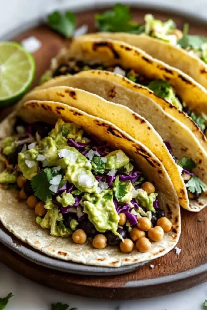 Chickpea black bean tacos topped with creamy avocado slaw on a plate