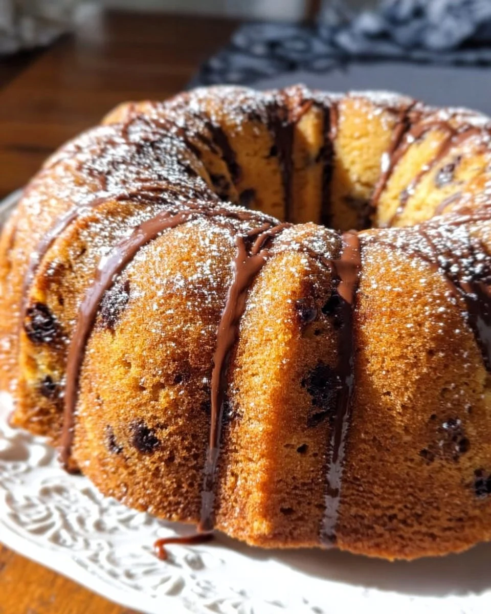Deliciously moist Chocolate Chip Bundt Cake with chocolate chips and a glossy glaze