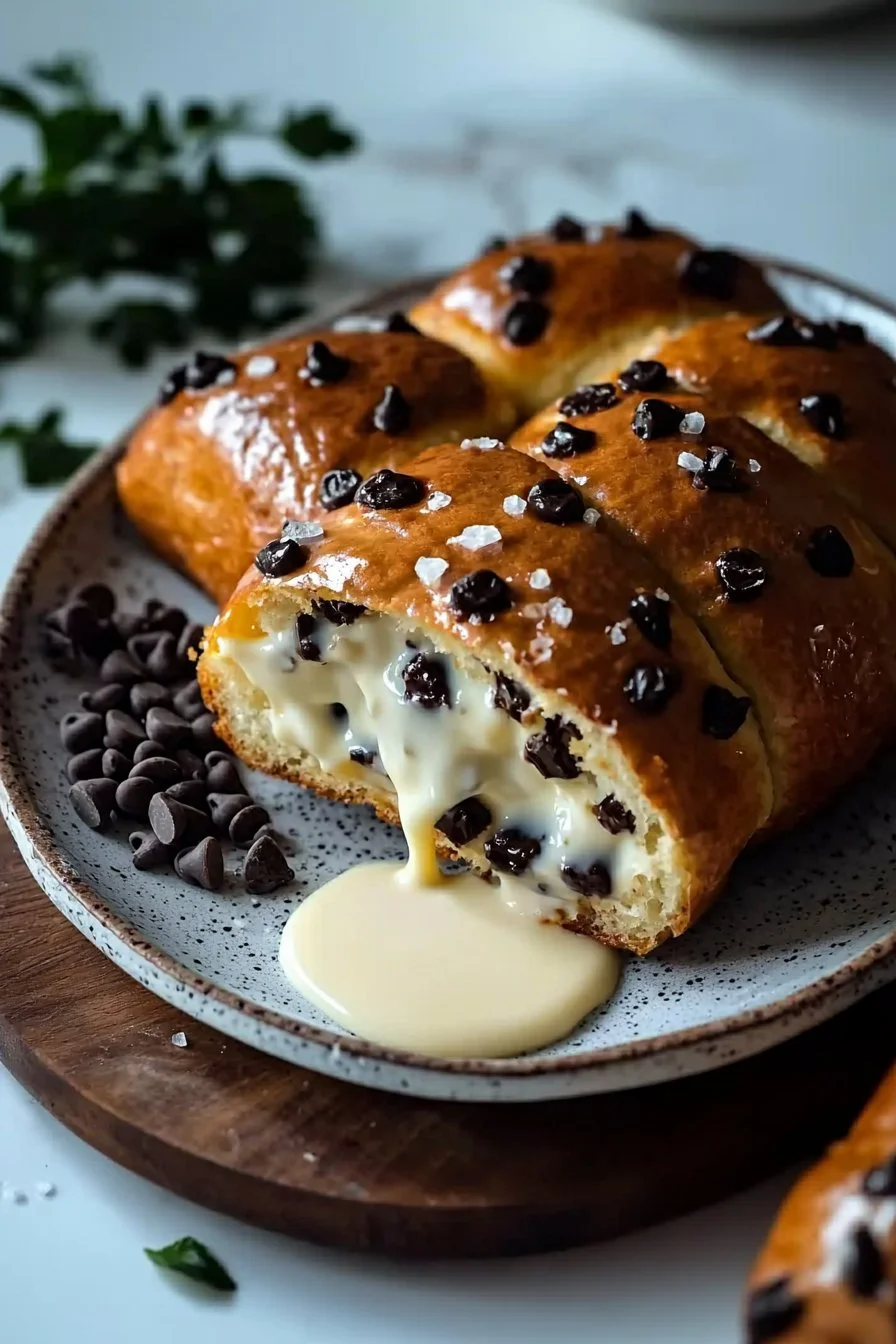 Chocolate Chip Brioche with Vanilla Custard drizzled on top