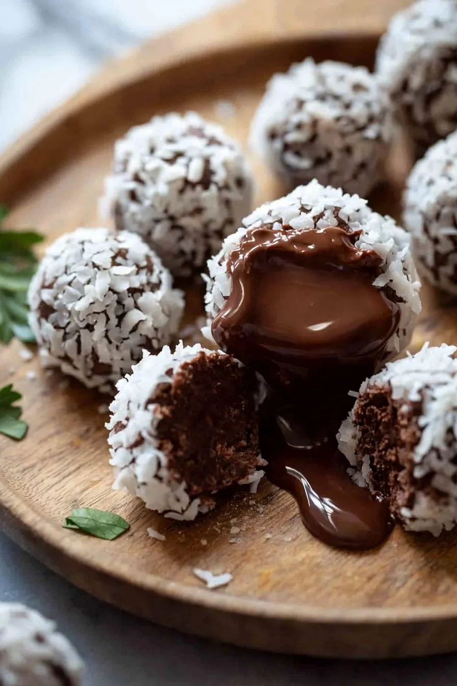 Chocolate Coconut Bliss Balls with creamy chocolate filling