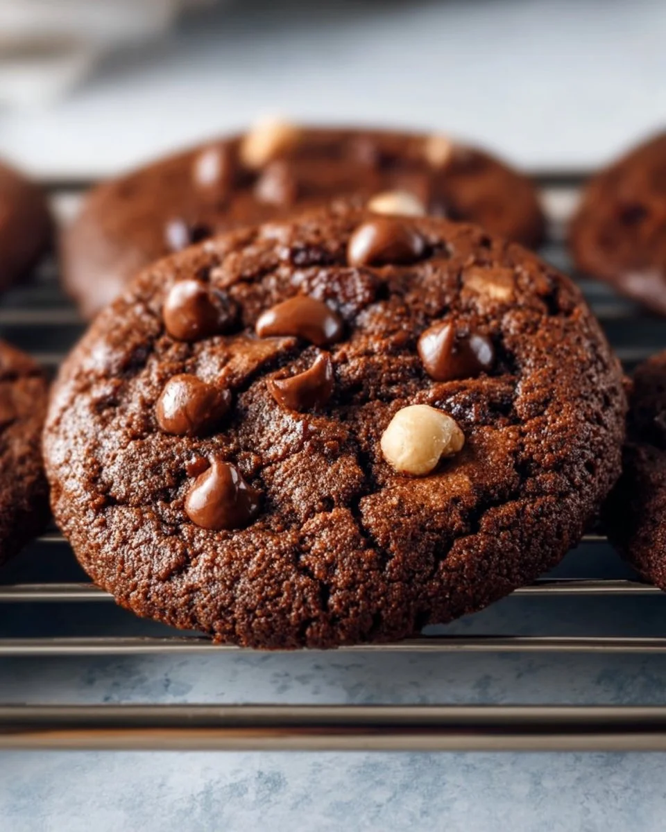 Freshly baked chocolate hazelnut cookies on a cooling rack.