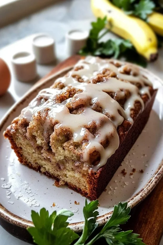 Sliced cinnamon roll banana bread with cinnamon swirl and glaze on top.