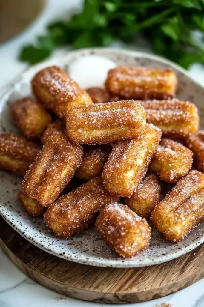 Delicious cinnamon sugar baked churro bites on a plate