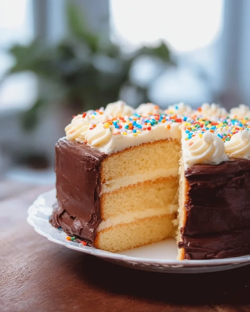 Classic birthday cake with frosting and candles for celebration