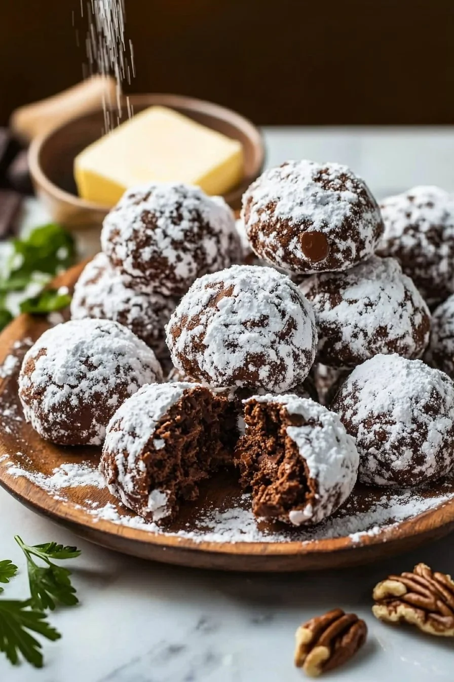 Plate of classic chocolate snowball cookies dusted with powdered sugar.