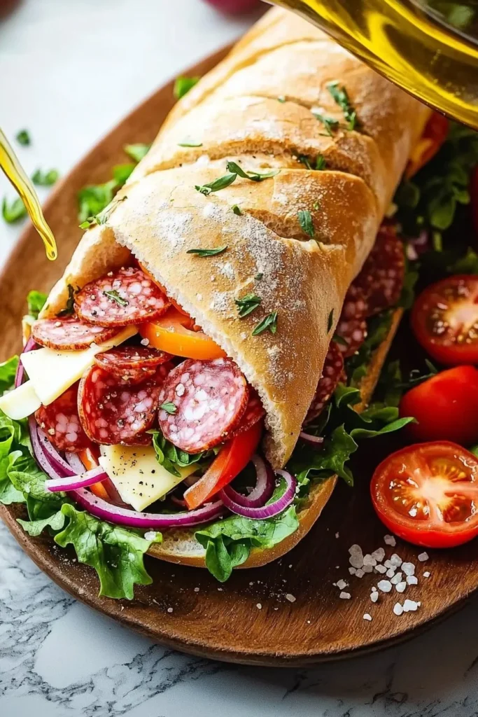 Classic Italian hoagie sandwich with meats, cheese, and fresh vegetables
