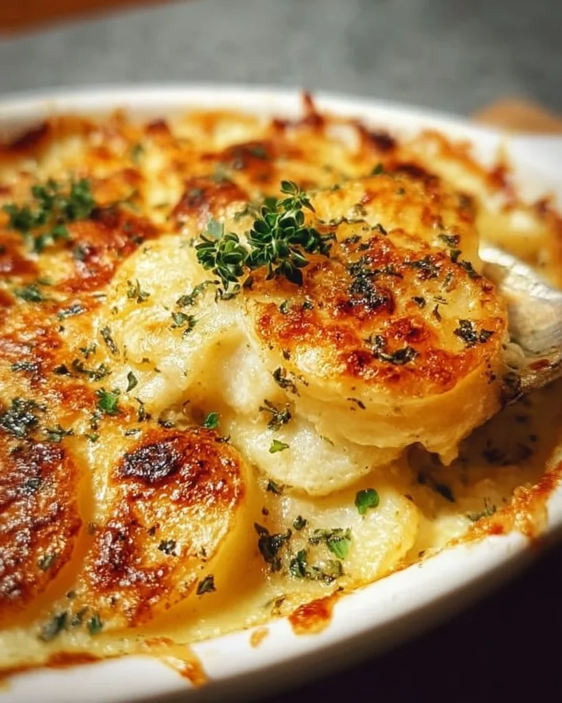 Delicious classic scalloped potatoes au gratin topped with melted cheese