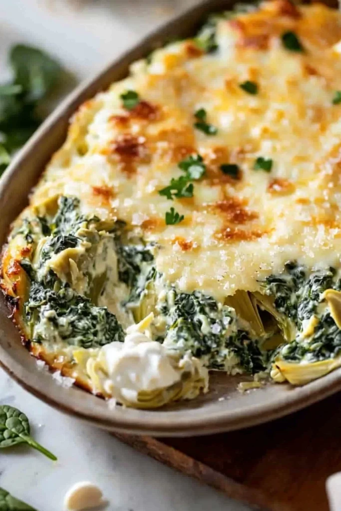 Bowl of delicious classic spinach artichoke dip served with tortilla chips.