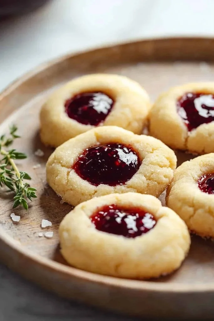 A plate of classic thumbprint cookies filled with jam on a wooden table.