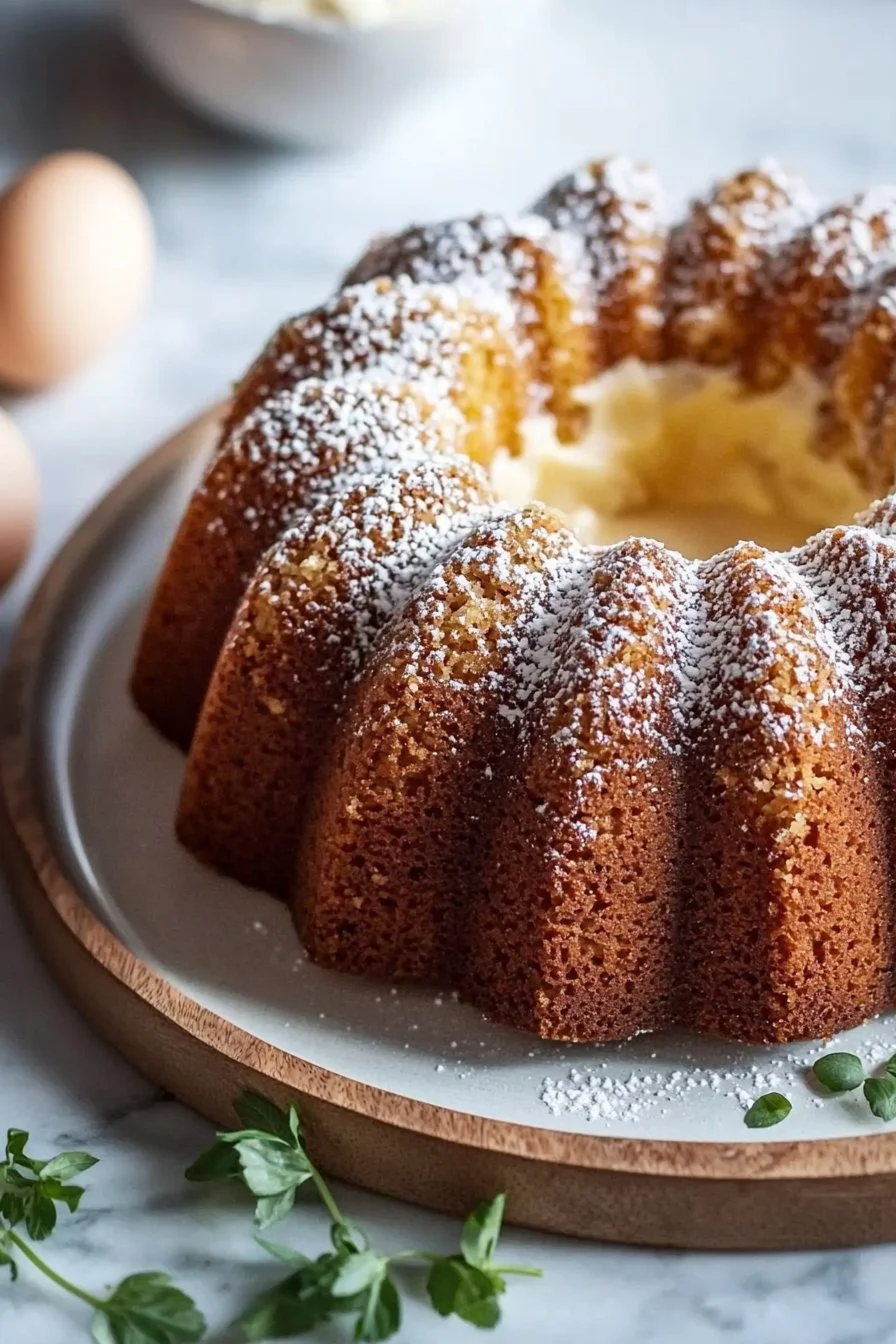 Classic vanilla bundt cake with a buttery crumb on a rustic wooden table