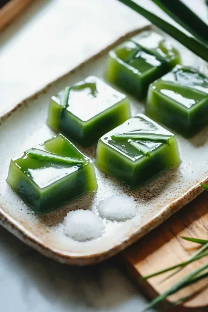 Delicious Coconut Pandan Jelly dessert with vibrant green color and coconut topping