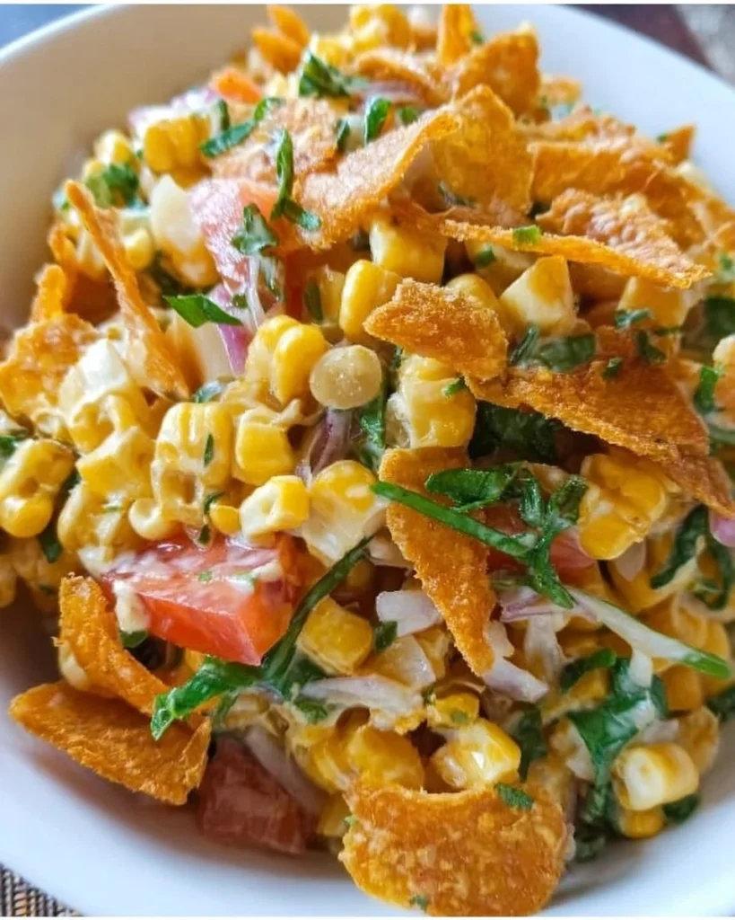 Corn salad with crispy chips, garnished and ready to serve.