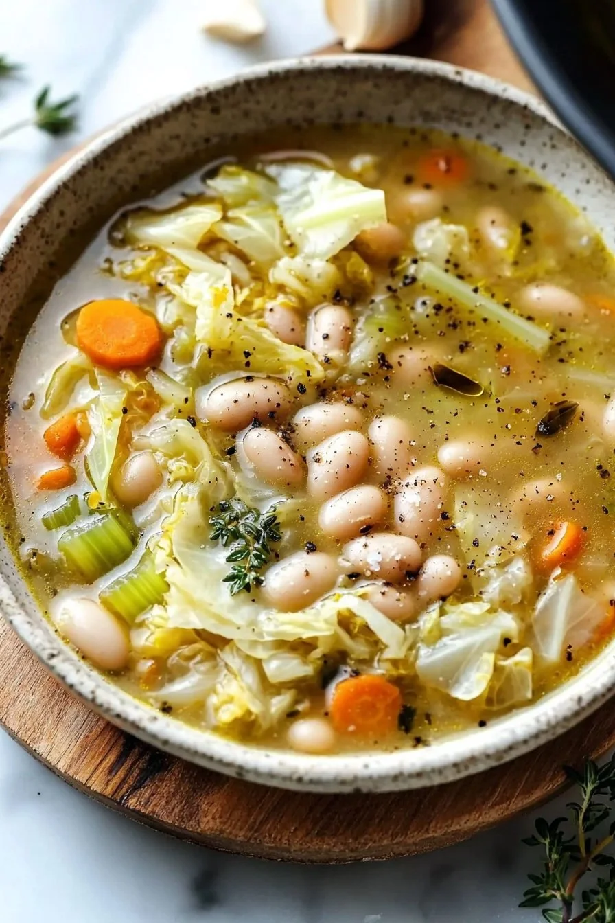 Cozy white bean and cabbage soup in a bowl garnished with fresh herbs.