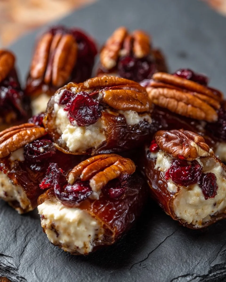 Cranberry Pecan Cream Cheese Stuffed Dates on a white plate