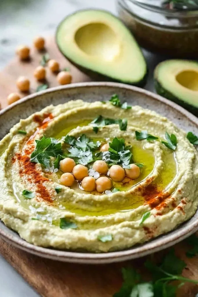 Creamy avocado hummus served with fresh vegetables and pita bread