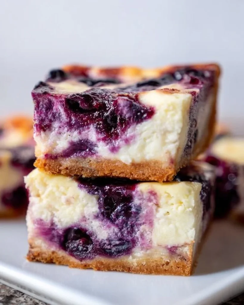 Creamy blueberry swirl cheesecake bars topped with fresh blueberries