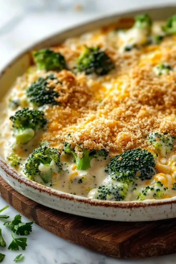 Delicious creamy broccoli cheese casserole fresh out of the oven.
