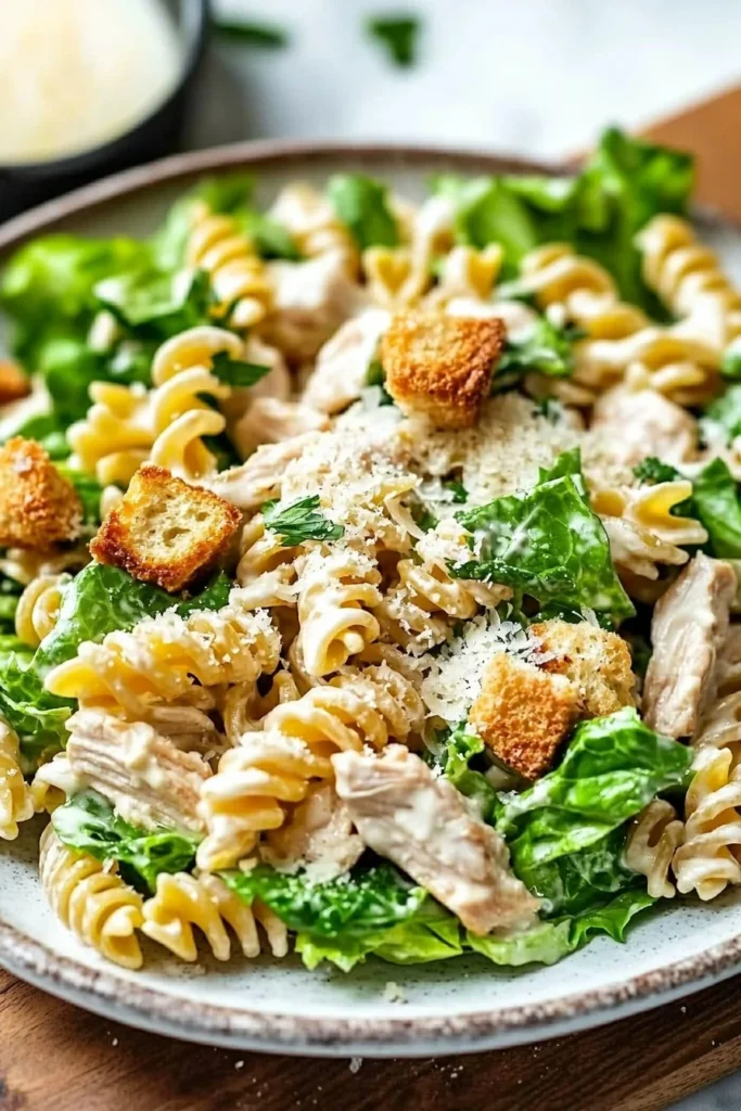 Creamy Chicken Caesar Pasta Salad with grilled chicken, romaine, and pasta