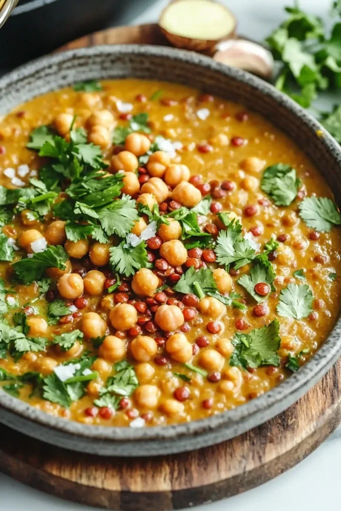 Creamy chickpea and red lentil curry served in a bowl with herbs