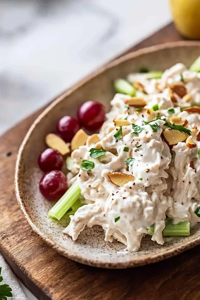 Creamy copycat chicken salad served in a bowl with fresh herbs