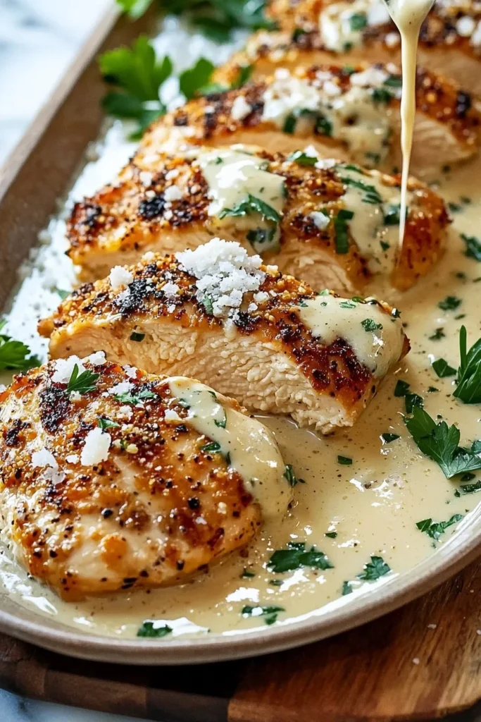 Creamy Parmesan Baked Chicken served with Caesar salad on a plate.