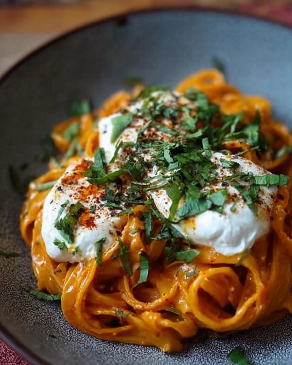 Creamy red pepper pasta dish topped with burrata and fresh herbs