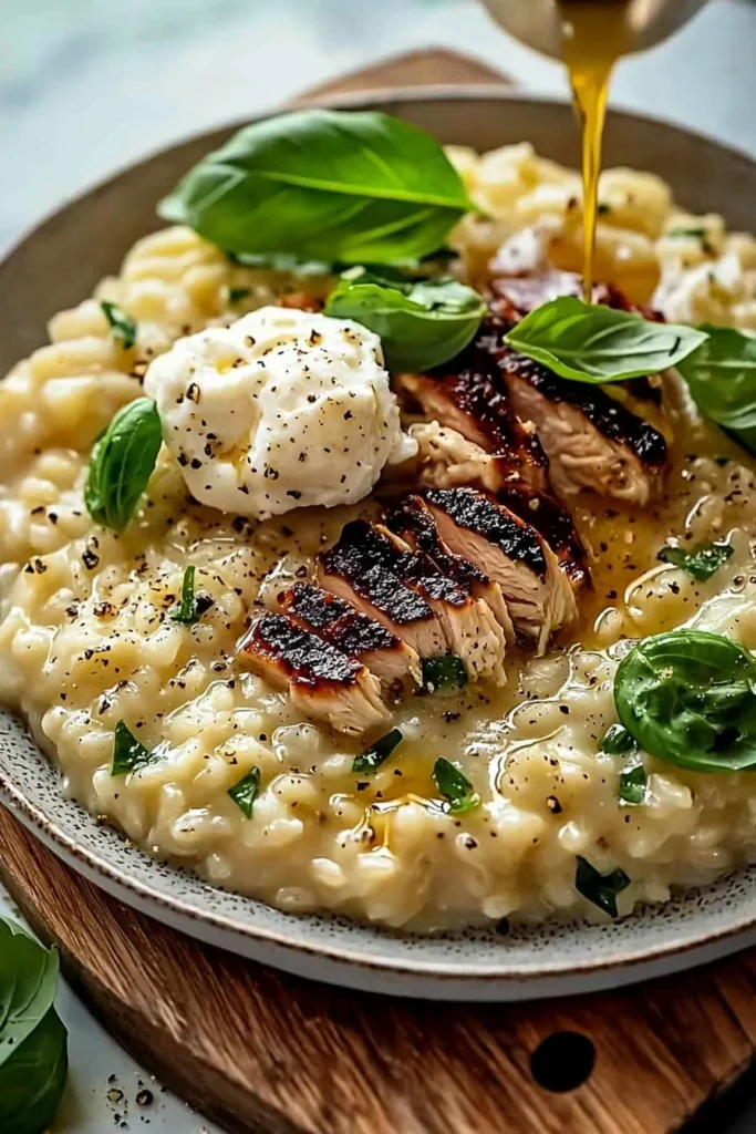 Creamy risotto topped with grilled chicken and burrata on a white plate