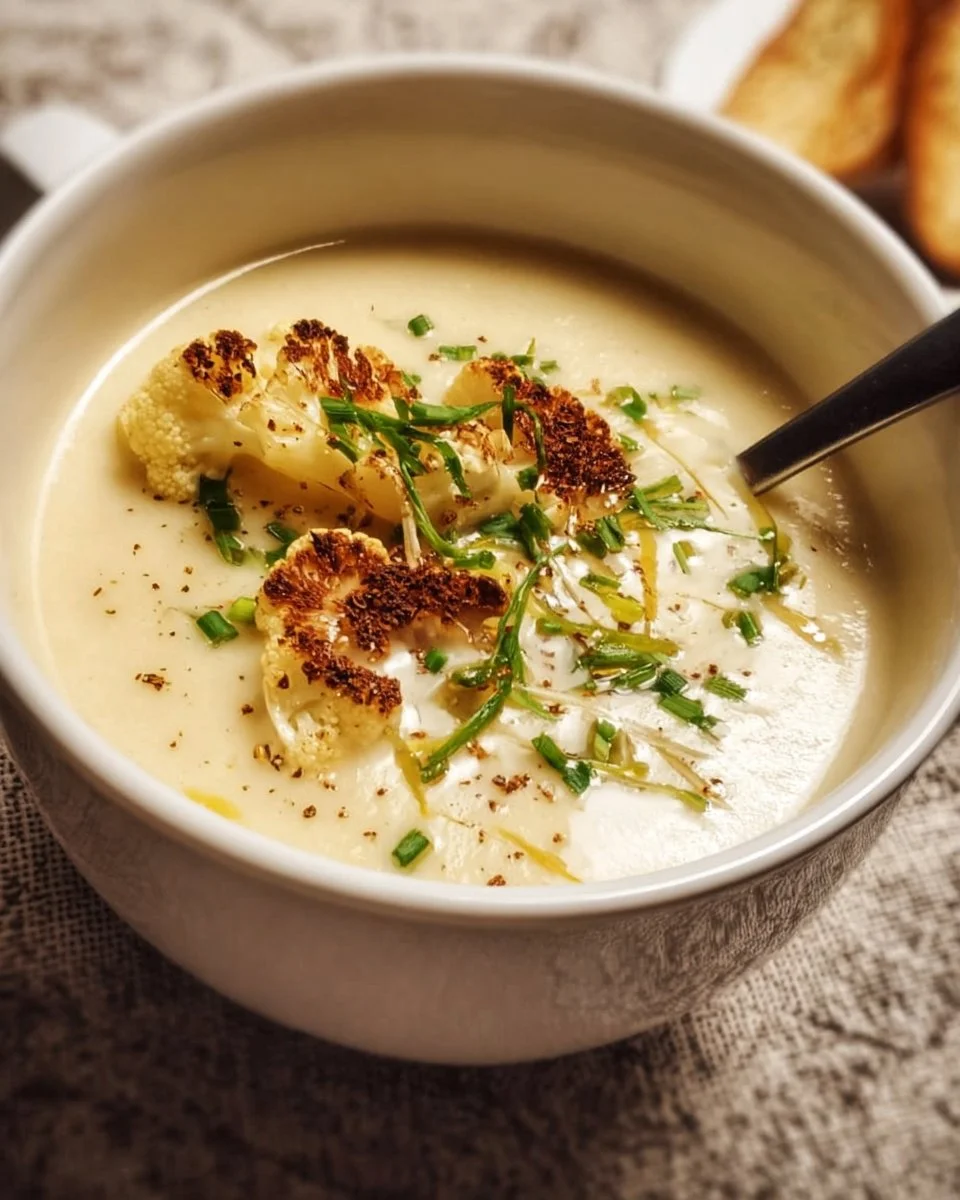 Bowl of creamy roasted cauliflower soup garnished with herbs and spices
