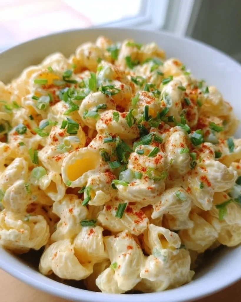 Creamy stuffed egg pasta salad garnished with fresh herbs and vegetables
