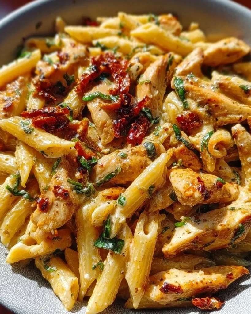 Creamy sun-dried tomato chicken pasta with herbs and cheese