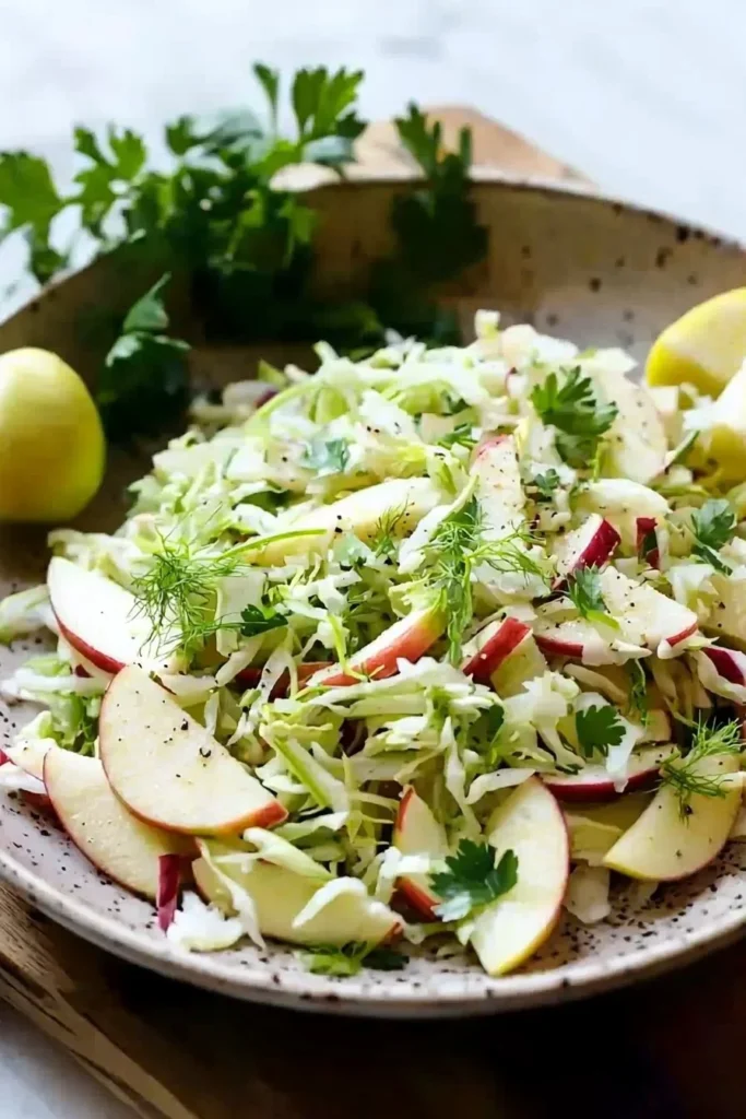 Crisp fennel and apple slaw served in a bowl with fresh ingredients.