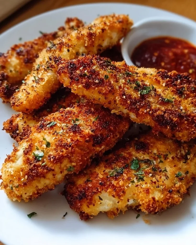 Crispy air fryer chicken tenders served with dipping sauce