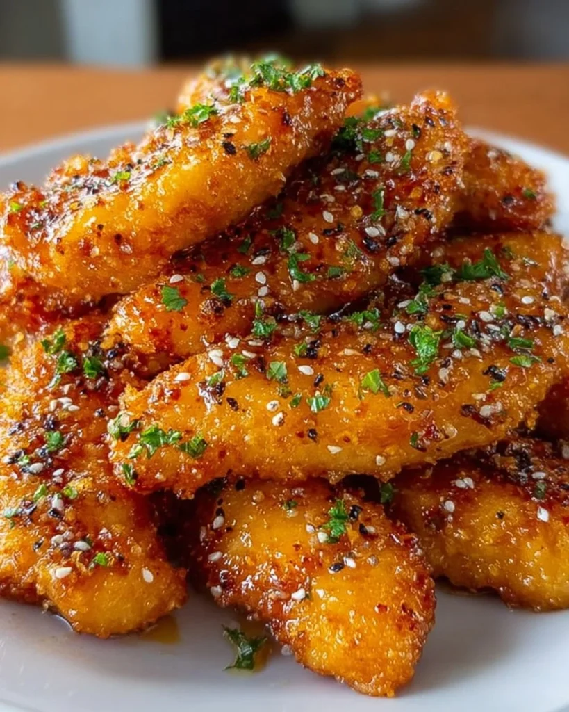 Crispy air fryer honey butter garlic chicken tenders served on a plate.