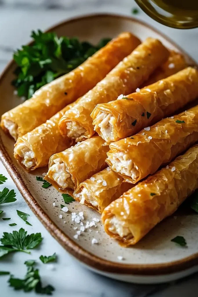 Crispy Chicken and Garlic Cigars served on a plate with fresh herbs