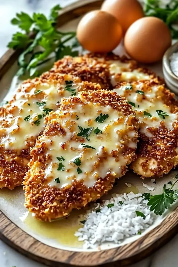 Crispy Coconut Parmesan Chicken served with a side of fresh vegetables