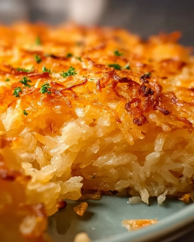 Crispy homemade hashbrown casserole topped with cheese and herbs