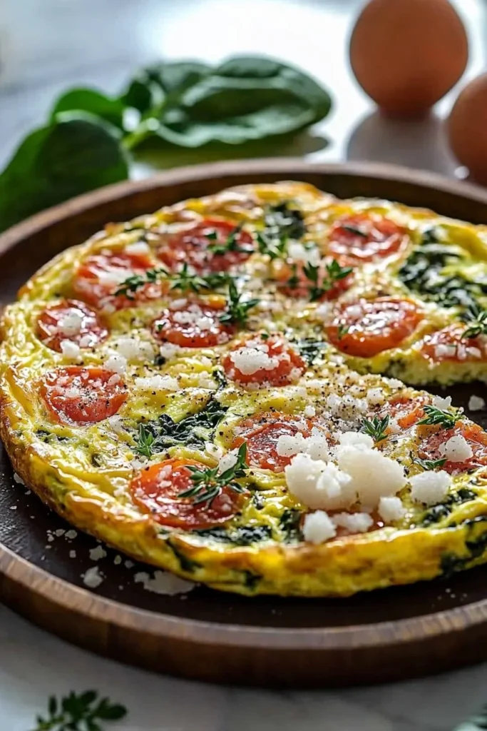 Crispy Italian Frittata topped with fresh herbs and vegetables