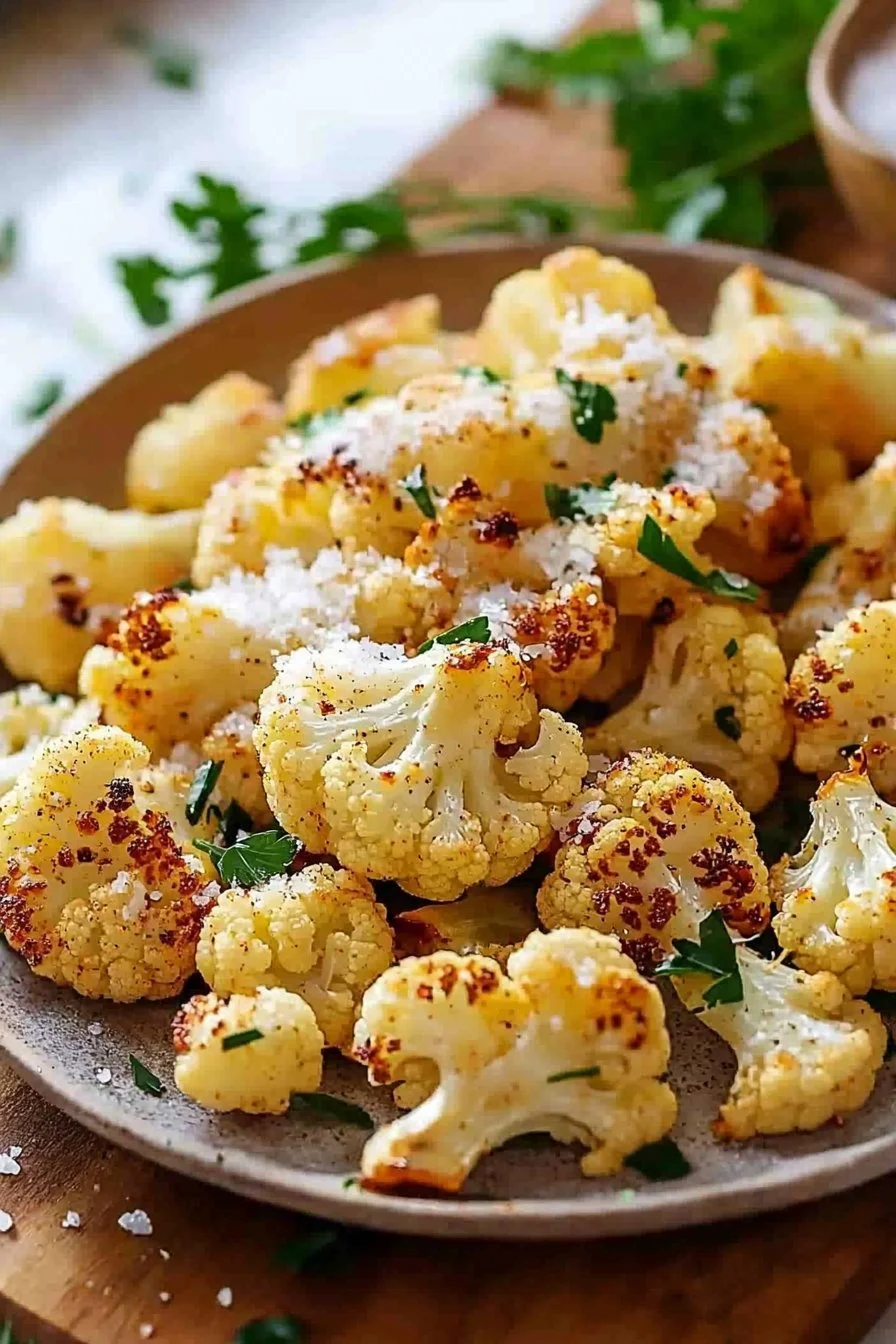 Bowl of Crispy Parmesan Roasted Cauliflower garnished with herbs.